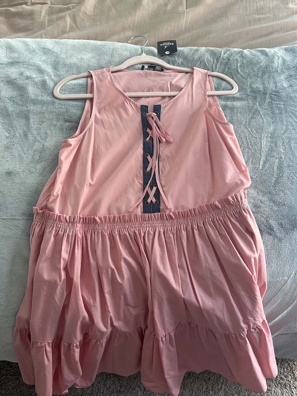 Nautica Pink Sleeveless Tiered Dress with Navy Lace-Up Trim